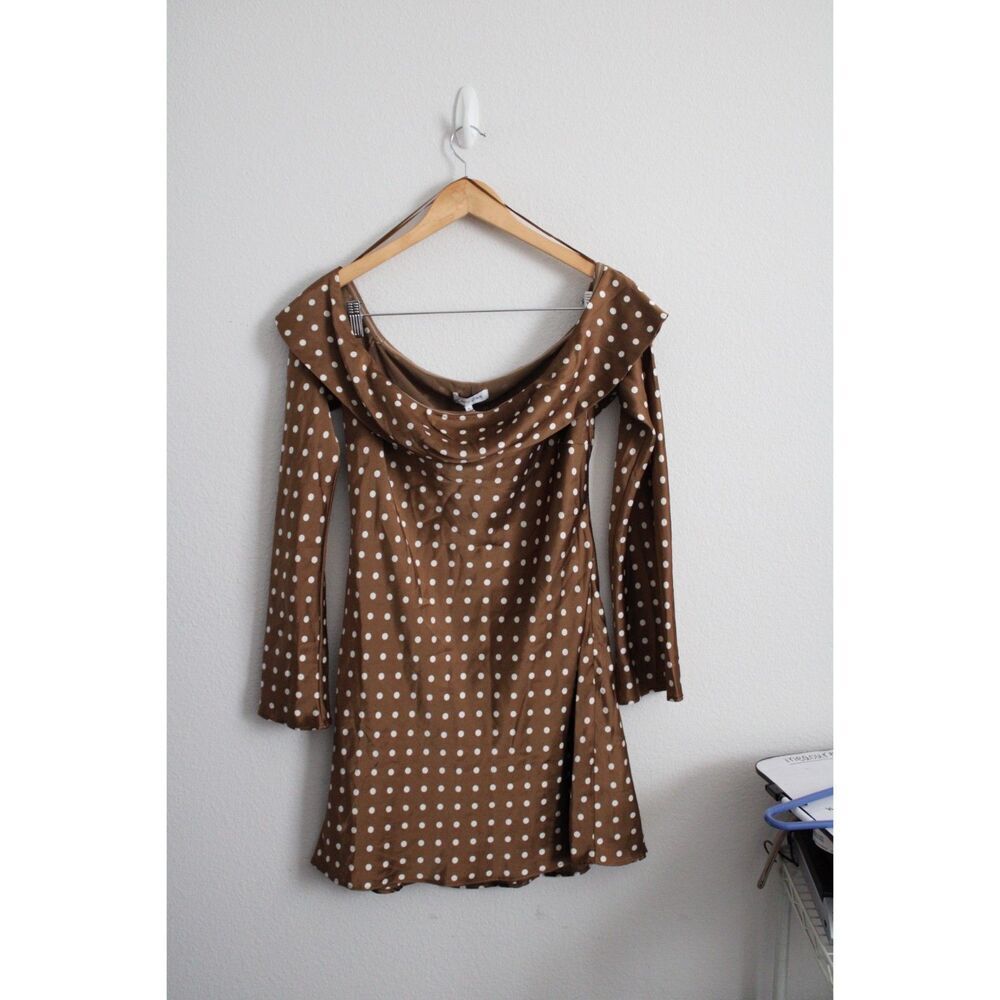 Emory Park brown white polka dot long sleeve mini dress large new - Picture 2 of 10